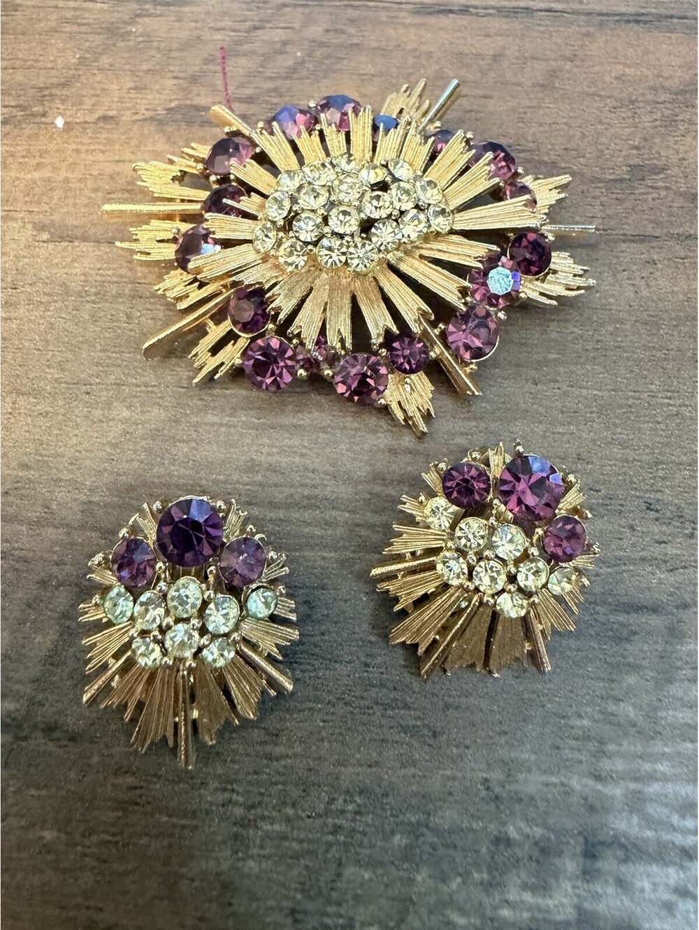 Vintage Lisner Brooch and Earring Set Purple Rhinestones Starburst MCM